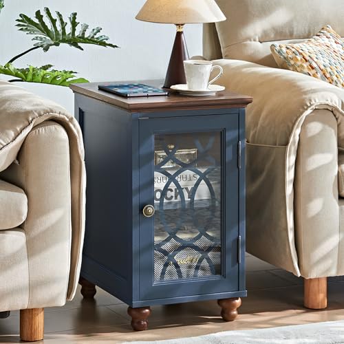 Joaxswe Narrow Side Table with Glass Door, 18 x 14'' Night Stand with Adjustable Shelf Storage Cabinet Organizer, Bedside End Tables Wood Nightstand for Small Spaces Living Room Bedroom - color: Navy Blue, size: without Charger