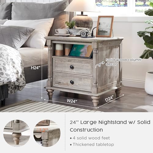 T4TREAM 24" Farmhouse Nightstands with 2 Drawers, Light Rustic Oak | 4 Solid Wood Feet, Charging Station, Tall Rustic Wood Square, Sofa Side Table, Living Room, Bedroom - color: Light Rustic Oak