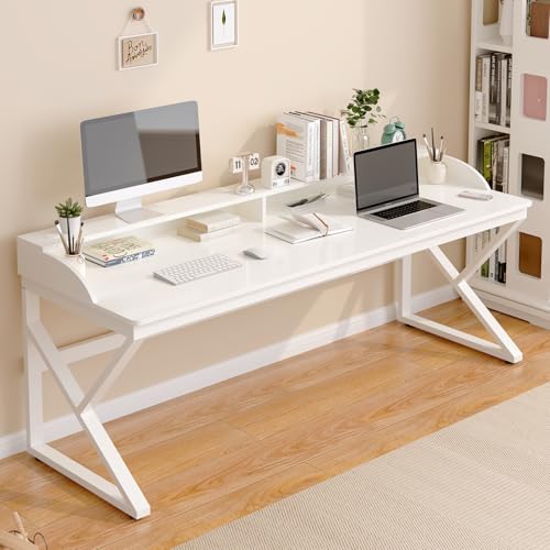 OSCHF Long Desk with Monitor Stand - 71" Double Long Computer Table for 2-Person Workstation, Large Writing Study Work Desk for Home and Office, White - color: White, size: 71"x27.6"