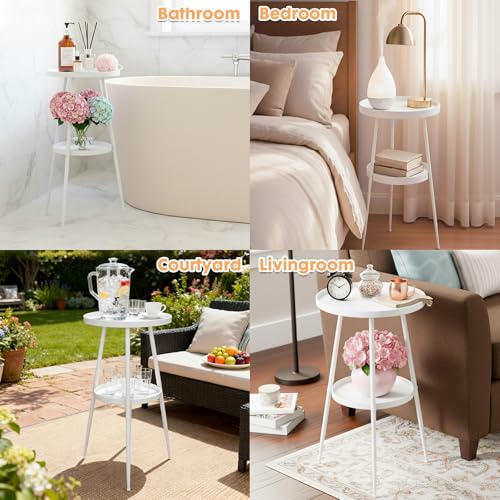 ShellKingdom Small Round Side Table, 2 Tier Metal End Table for Indoor Outdoor Bedroom Living Room Home Office Nightstand (White) - color: White