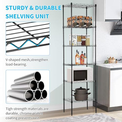 BLKMTY Tall Shelves, 6 Tier Wire Shelving, Narrow Storage Metal Shelf, Standing Shelf Units, Adjustable Garage Shelving, 12" D x 17" W x 64" H, 600lbs Capacity, Commercial Shelves, Black - color: Black, size: 6 Tire: 11.8" D x 16.7" W x 63.6" H