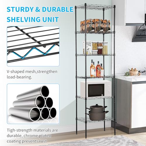 BLKMTY Tall Shelves, 6 Tier Wire Shelving, Narrow Storage Metal Shelf, Standing Shelf Units, Adjustable Garage Shelving, 12" D x 17" W x 64" H, 600lbs Capacity, Commercial Shelves, Black - color: Black, size: 6 Tire: 11.8" D x 16.7" W x 63.6" H