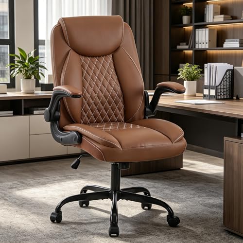 YFO Leather Office Ergonomic Home Office Desk Chair, Back Support Swivel Executive Office Chair with Wheels and Flip-Up Armrests, Small Gaming Chair with Adjustable Rocking Function, Brown - color: Brown