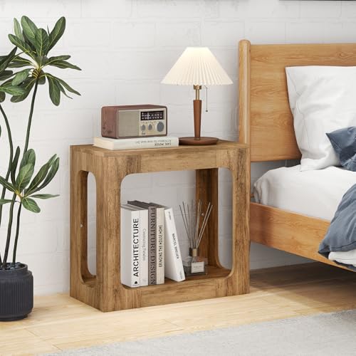 GOFLAME Narrow End Table Set of 2, Farmhouse Wood Sofa Side Table 2-Tier with Storage Shelf, Arched Rustic Small Accent Tables, Rectangular Compact Night Stand for Living Room, Bedroom, Oak - color: Oak
