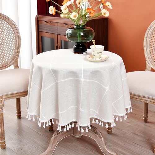 Plaid Round Tablecloth 48 Inch Cotton Linen Round Table Cloth - color: Off-white, size: 48" (Round)