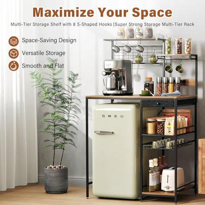 CozyDH Bakers Rack with Power Outlet, Kitchen Microwave Pantry Shelf with Storage Shelves, Wood Coffee Bar with Wire Basket and 8 S-Shaped Hooks, Rustic Brown 35.4 Inches