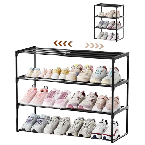 HAIXIN 3-Tier Expandable Shoe Rack, Adjustable Metal Shoe Shelf | Space-Saving for Tight Spots, Flexible & Adjustable, 3 Tier or 4 Tier, Stackable Design, Holds All Shoe Types, Easy Assembly - size: 3 Tier