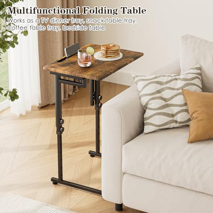 Adjustable Folding TV Tray Table,TV Dinner Small Foldable C-Shaped End Table for Eating,6 Height Adjustable Slide Under Couch Side with Sturdy MDF Top,No Assembly(Brown,2Pcs) - color: Brown, size: 2PCS