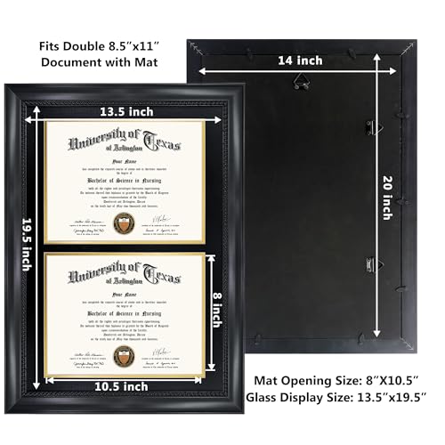 GMFrames Double 8.5x11 Diploma Certificate Frame, Solid Wood & Tempered Glass, Cherry Lacquer Finish & Intricate Rope Detail, Black over Gold Mat - color: Black, size: 14x20 for Double 8.5x11