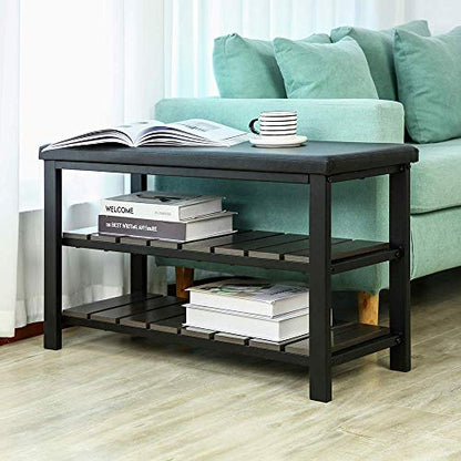 Finnhomy 3-Tier Shoe Rack Bench Cushion. Holds Up to 400 lb Rack, for Entryway, Bedroom, Hallway, Accent Furniturn, Elegant Black Wood - style: Modern