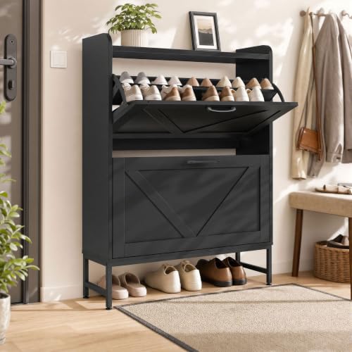 Shoe Cabinet with 2 Flip,Shoe Cabinet Storage,Shoe Organizer Cabinet,Black | Hidden Wood Shoe Cabinet,reestanding Shoe Rack Cabinet for Entryway Hallway - color: Black