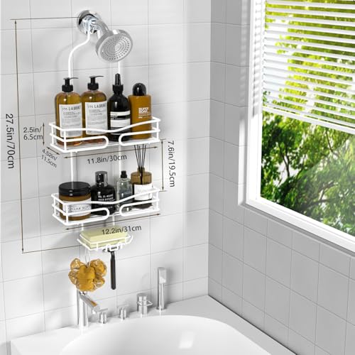 DAOYA Over Head Shower Caddy - Bathroom Shower Organizer with Soap Holder & 6 Hooks for Towels, White, 76L Capacity, Hanging Mount, Rust Resistant - color: White