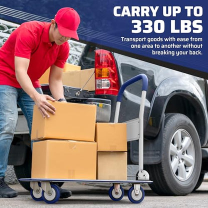Heavy Duty Foldable Push Cart Dolly | 330 lbs. Capacity | Upgraded Collapsible Hand Truck Folding Platform with Swivel Wheels | Flat Bed Moving Wagon | Space Saving Push Handle (Blue) - color: Blue, 330 Lbs. Capacity