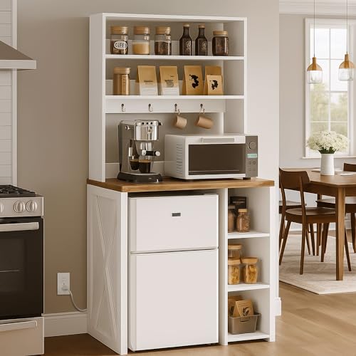 DWVO White Mini Fridge Cabinet Stand with Storage, 6-Tier Bakers Rack with Power Outlet, Kitchen Microwave Stand Farmhouse Tall Coffee Bar Station for Dining Room Living Room Dorm Office | Fits mini fridge, 6-tier storage, built-in power outlet, farmhouse