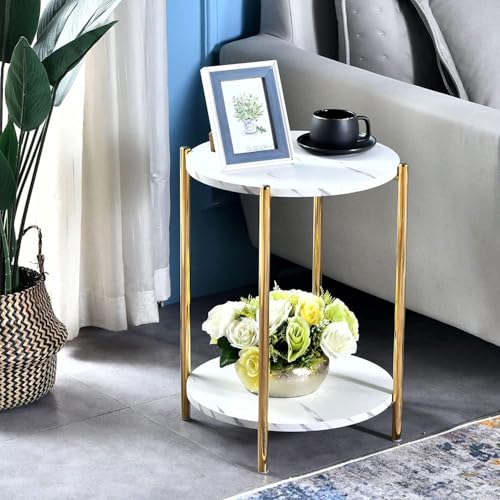 Gold End Table, Faux Marble Side Table, 2-Tier Small Round Nightstand for Bedroom - Modern Accent Table for Living Room Couch, Metal Frame (1 Pack) - color: Gold