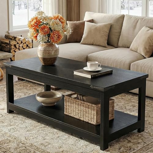 Homieasy 43.3” Rectangular Coffee Table with Storage Shelf, Black | Farmhouse Wood Center Table for Living Room, Modern Black Tea Table with Open Shelf - color: Black