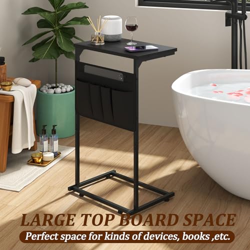 C Shaped End Table, Small Sturdy Side Sofa Table with Metal Frame for Living Room and Bedroom, Slide Under Table Couch Side Tables with Storage Bag, Black ZER-007B - color: Black