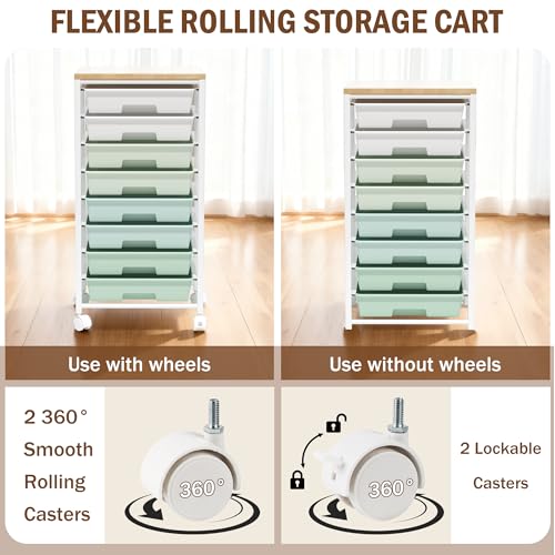 Rolling Cart with 8 Drawers, Storage Drawers Cart with Wooden Tabletop and Lockable Wheels, Craft Storage for Living Room, Office, Classroom, Craft Room, Bedroom - color: Green
