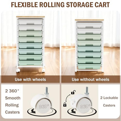 Rolling Cart with 8 Drawers, Storage Drawers Cart with Wooden Tabletop and Lockable Wheels, Craft Storage for Living Room, Office, Classroom, Craft Room, Bedroom - color: Green