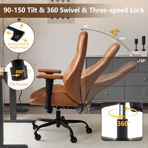 YFO Home Office Desk Chair High Back Office Rubber Casters Ergonomic Computer Chair with Lumbar Support Adjustable Height Rolling Swivel Chair Executive Task Armrests， Brown Leather - color: Brown, size: High Back