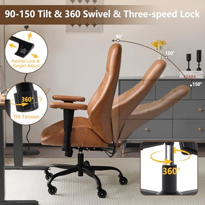YFO Home Office Desk Chair High Back Office Rubber Casters Ergonomic Computer Chair with Lumbar Support Adjustable Height Rolling Swivel Chair Executive Task Armrests， Brown Leather - color: Brown, size: High Back