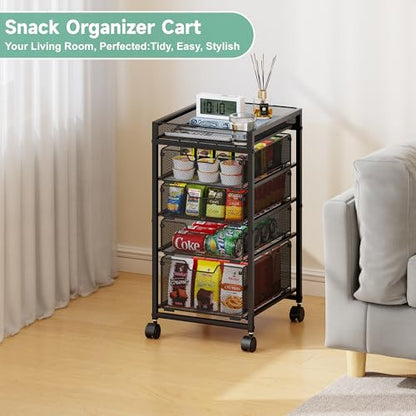 keomaisyto 5-Tier Kitchen Storage Cart with Top Basket & Drawers, Fruit and Vegetable Storage Rack on Wheels, Metal Rolling Cart with Drawers & Kitchen Organization for Snacks, Potatoes, Onions, Cans - size: 5-Tier