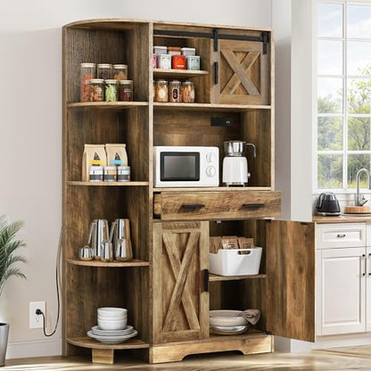 DWVO 67.3" Farmhouse Pantry with Power Outlet & Barn Door, Rustic Brown | Baker Rack Hutch Buffet Sideboard with Drawer, Microwave Stand for Dining Room - color: Rustic Brown