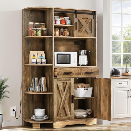 DWVO 67.3" Farmhouse Pantry with Power Outlet & Barn Door, Rustic Brown | Baker Rack Hutch Buffet Sideboard with Drawer, Microwave Stand for Dining Room - color: Rustic Brown
