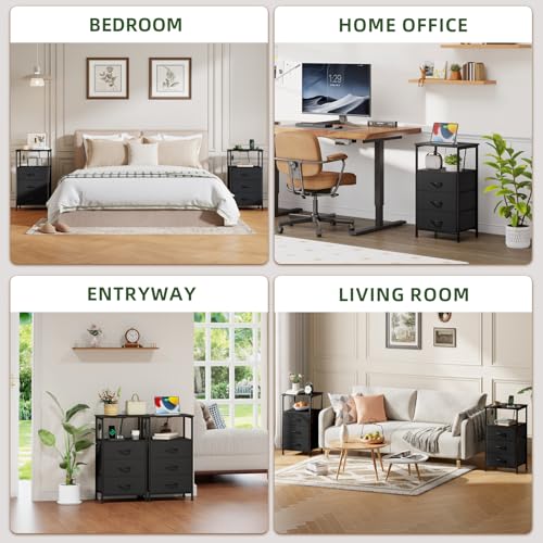 Somdot Nightstands Set of 2 with 3 Drawers, Charging Station & LED Light | Open-Shelf End Tables for Bedside, Small Spaces, Bedroom, Entryway and Hallway, Black - color: Black, size: 11.8"D x 15.7"W x 28.3"H (3 Drawers)