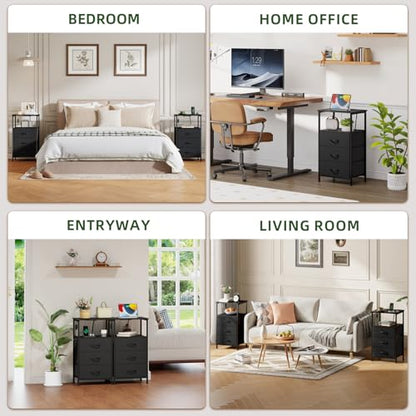 Somdot Nightstands Set of 2 with 3 Drawers, Charging Station & LED Light | Open-Shelf End Tables for Bedside, Small Spaces, Bedroom, Entryway and Hallway, Black - color: Black, size: 11.8"D x 15.7"W x 28.3"H (3 Drawers)