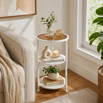 Modern 3-Tier Round End Table with Amber Tempered Glass Top, 11.8" Small Side Table for Living Room, Bedside Nightstand with Metal Frame & MDF Shelves for Small Spaces, White & Gold-Tone Accents - color: White