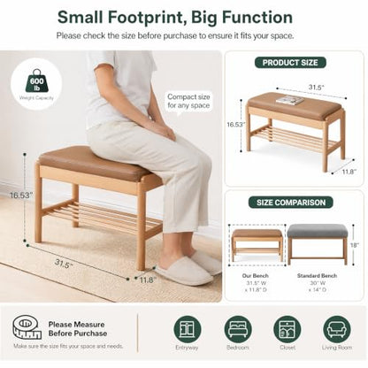 Oak Wood Shoe Bench, 32 Inch Entryway Bench with Brown Leather Cushion | Spacious oak seating with brown leather cushion combines durability, comfort and premium home design. - color: Natural + Brown Leather Cushion, size: 31.49"