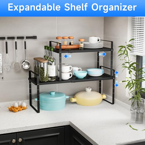 Expandable Cabinet Shelf Organizer, Stackable Kitchen Pantry Counter Storage, Adjustable Closet Cupboard Stand Rack Risers Spice Organization 80LBS Heavy Duty Black Small 1 Pack - color: Black Small