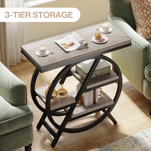 Tribesigns End Table for Living Room, 3-Tier Narrow Side Table with Storage, Wood Sofa Side Table with Geometric Metal Frame, Industrial Nightstand and Bedside Table for Bedroom, Grey - color: Grey