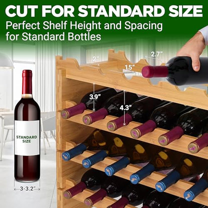 NutriChef 108 Bottle Stackable Modular Wine Rack, Upgraded 1” Thick Sideboard, .5” Rack Sticks, Sturdy Wobble Free Natural Bamboo Construction, Protective Moisture Resistant Finish, 33.5" x 10" x 63" - size: 108 Bottle
