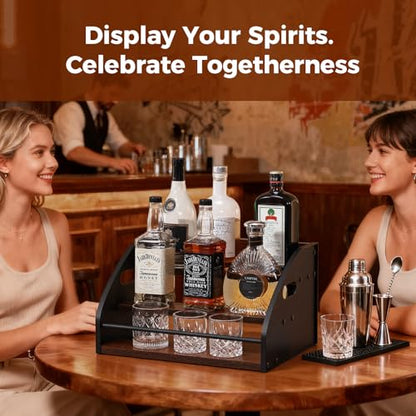 Liquor Bottle Display Shelf, Coffee Syrup Rack Organizer with Metal Hand, 3 Step Countertop Liquor Wine Rack, Mini Bar, Liquor Cabinet, Home Retro Bar Shelf Stand for Liquor Whiskey, Bourbon, Spirits - size: 3 Tier