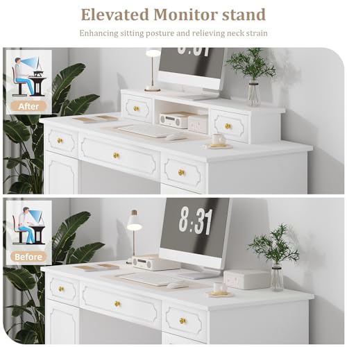 Catrimown White Desk with 7 Drawers, 54 Inch Computer Desk with Cabinet for Work Writing Study, Vanity Desk with Golden Handle for Girls, Bedroom - color: White