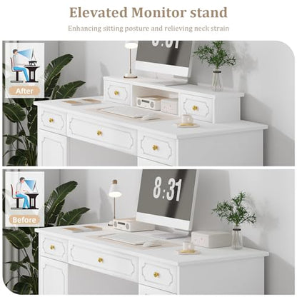 Catrimown White Desk with 7 Drawers, 54 Inch Computer Desk with Cabinet for Work Writing Study, Vanity Desk with Golden Handle for Girls, Bedroom - color: White