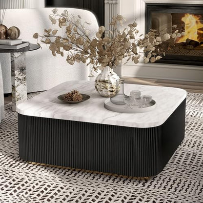 Furniture of America Beryl Modern Square White Genuine Marble Top Coffee Table with Fluted Pedestal Base and Gold Stainless Steel Accent, Low Profile Table for Living Room, Home Office, Black - size: Coffee table, style: Square