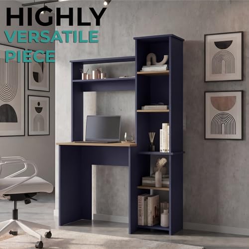 Tuhome Versalles Writing Desk with Hutch & Side Bookcase, Tall 63.9" Vertical Computer Desk, 5 Open Shelves Home Office Desk, Space-Saving Small Desk, Engineered Wood - color: Natural Oak, Blue