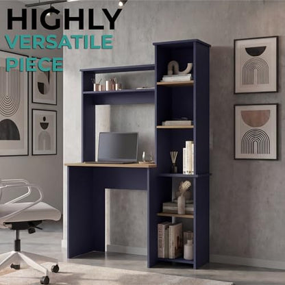 Tuhome Versalles Writing Desk with Hutch & Side Bookcase, Tall 63.9" Vertical Computer Desk, 5 Open Shelves Home Office Desk, Space-Saving Small Desk, Engineered Wood - color: Natural Oak, Blue