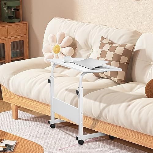 Karl home Mobile Side Table 31.5 inch Computer Desk with Wheels Height Adjustable Rolling Potable Laptop Cart, C-Shaped Bed Couch Sofa End Tables with Edge Stopper for Livingroom Bedroom, White - color: White, size: 31.5"+No Power Sockets