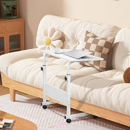 Karl home Mobile Side Table 31.5 inch Computer Desk with Wheels Height Adjustable Rolling Potable Laptop Cart, C-Shaped Bed Couch Sofa End Tables with Edge Stopper for Livingroom Bedroom, White - color: White, size: 31.5"+No Power Sockets