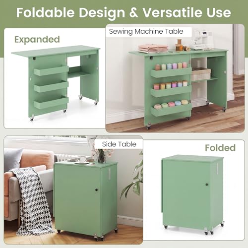 DREAMADE Folding Sewing Table with Storage, Craft Table w/Charging Station, 5 Lockable Wheels, Storage Bins & Shelf, Sewing Machine Desk for Home Office, Apartment, Studio (Green) - color: Green