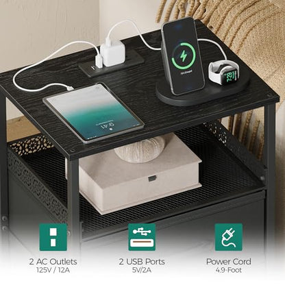 JARHETUN Nightstand Set of 2 with Charging Station, Night Stands with LED Lights, 26.4 Inch Tall Bedside Table with Metal Shelf, Side Table with 2 Fabirc Drawers for Bedroom, Black - color: Black, style: LED & Power
