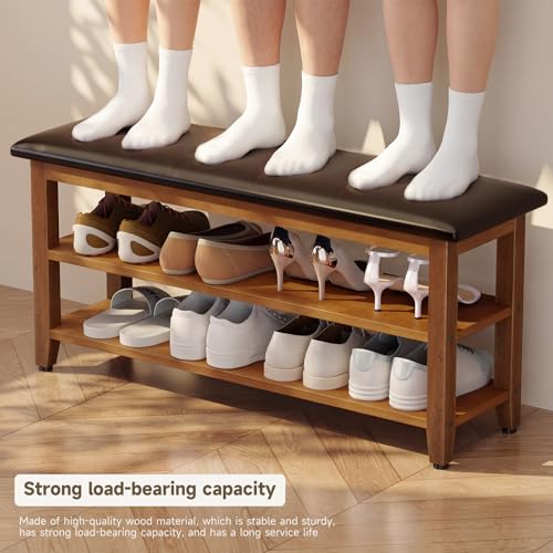 Shoe Bench with Leather Cushion,Rubberwood Bench with Shoe Rack | 2-Tier Shoe Storage Organizer for Entryway,Hallway,Living Room - size: 2-Tier-39.4"
