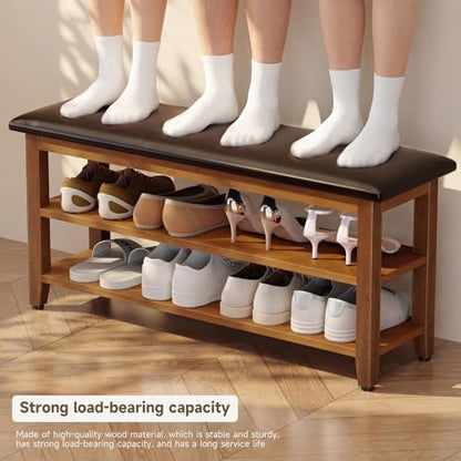 Shoe Bench with Leather Cushion,Rubberwood Bench with Shoe Rack | 2-Tier Shoe Storage Organizer for Entryway,Hallway,Living Room - size: 2-Tier-39.4"