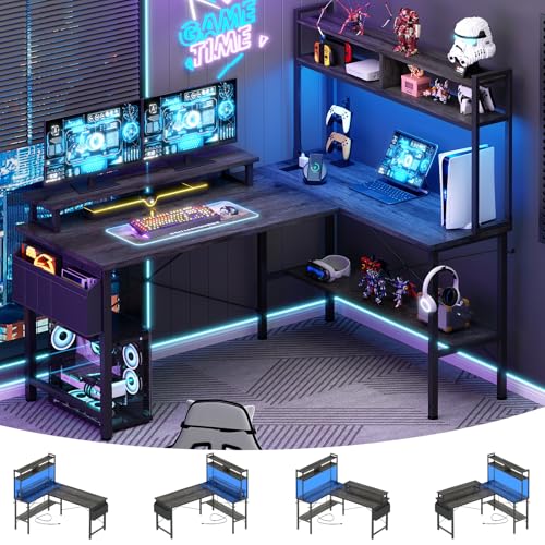 Aheaplus L Shaped Gaming Desk with Power Outlets & LED Lights, Small L- Shaped Desk Computer Corner Desk with Monitor Stand & Storage Shelf, Home Office Desk Writing Desk with Storage Bag, Grey Oak - color: Black Oak