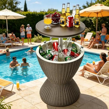 Tangkula Outdoor Cool Bar Table, Rattan Style Patio 8 Gallon Beer and Wine Cooler, All-Weather Ice Bucket w/Height Adjustable Top, Drainage Plug, 3-in-1 Cocktail Coffee Table for Party, Pool (Coffee) - color: Coffee