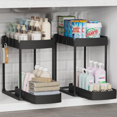 Ukeetap 2 Pack Multi-Purpose Pull-Out Storage Organizers, Under Sink Organizers and Storage for Bathroom & Kitchen, Under Cabinet Organizers and storage, 14.8 Inch, Black - color: Black, size: 14.8 Inch